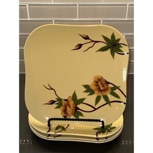 Vintage Set of 4 Weil Ware Rose Yellow Square Dinner Plate Set